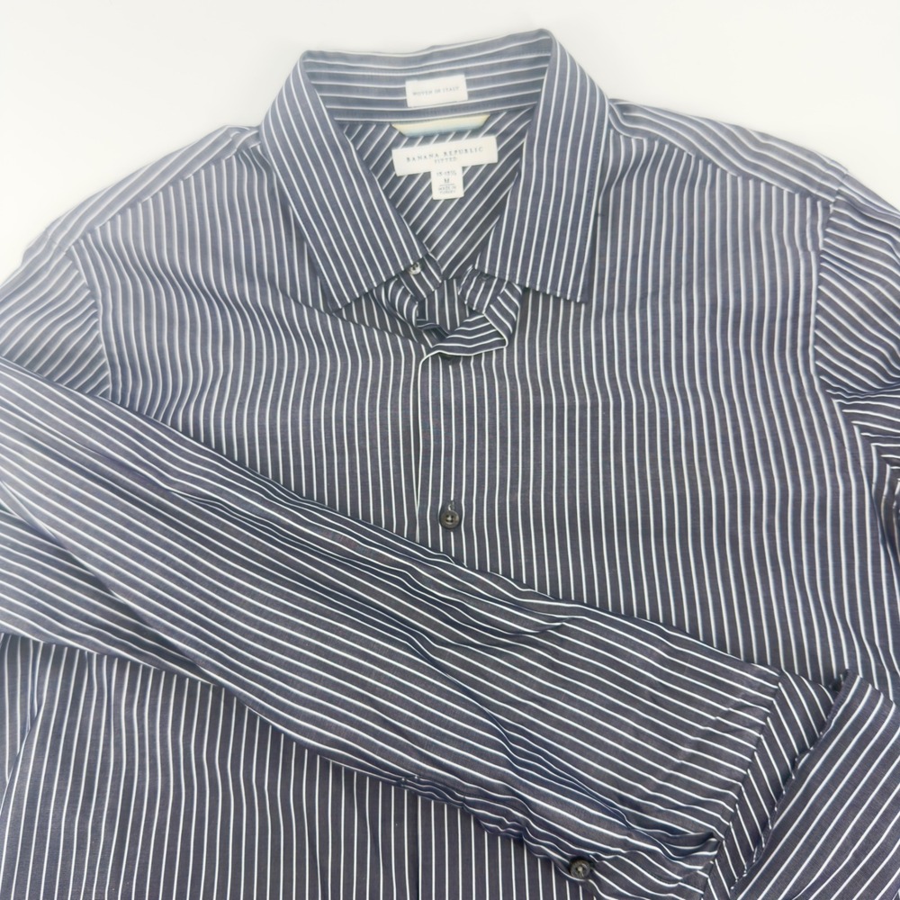Banana Republic Fitted Dress Shirt Mens Medium Blue White Striped Woven in Italy